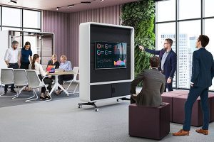 Afbeelding van een virtuele vergaderruimte met een interactief whiteboard